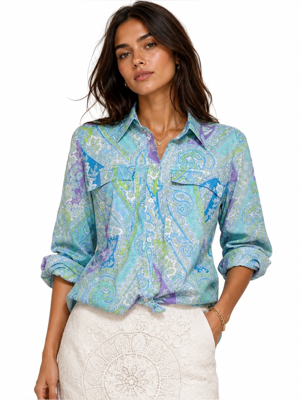 VTG y2k Lauren Ralph Lauren Paisley Button-Front Top Aqua, Lavender and Mint | M